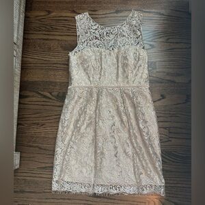 Jenny Yoo Collection Harlow Champagne and Silver Lace Cocktail Dress - size 14
